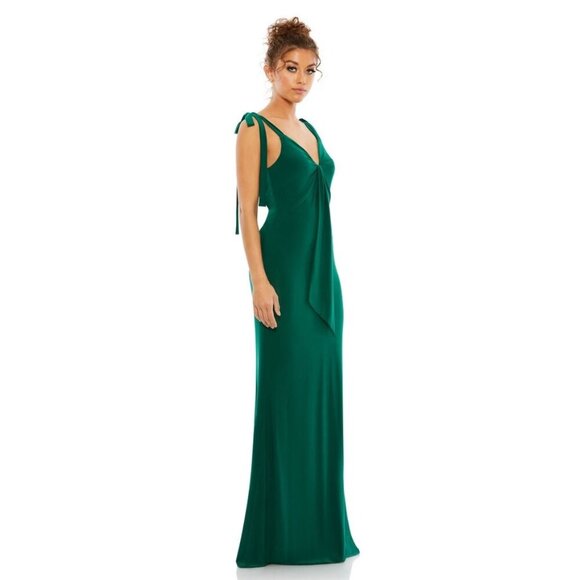 NWT Mac Duggal Jersey Low Back Bow Shoulder Gown Emerald 12 #7796 - Picture 2 of 9